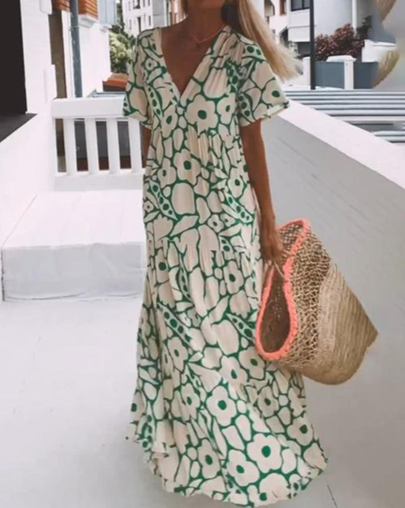 Ester Robe Longue Fleurie Femme – Manches Courtes Volantes & Imprimé Grün Creme Sommerlich