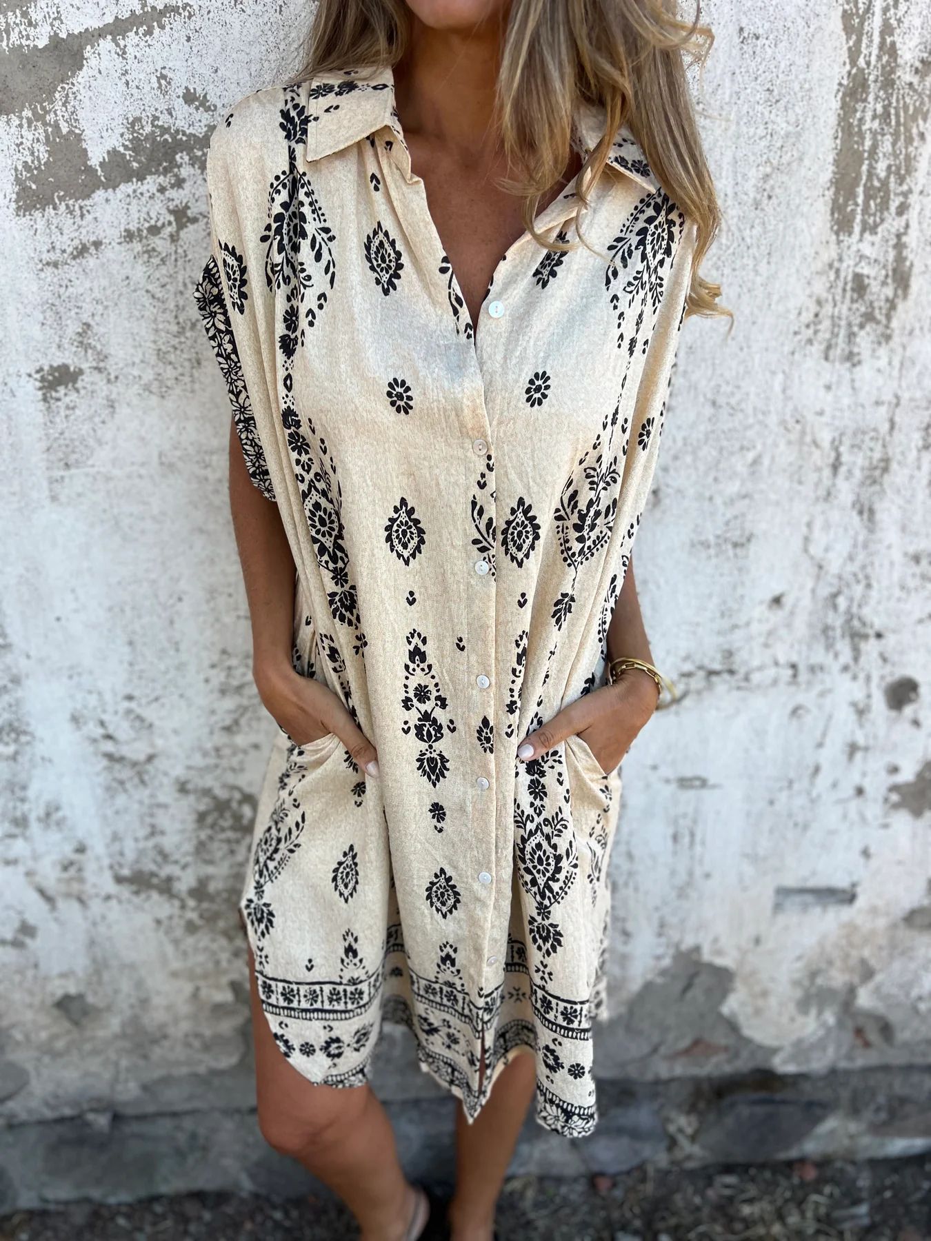 Grace Robe d’Été Femme – Robe en Coton et Lin avec Manches Courtes, Poches & Coupe Évasée