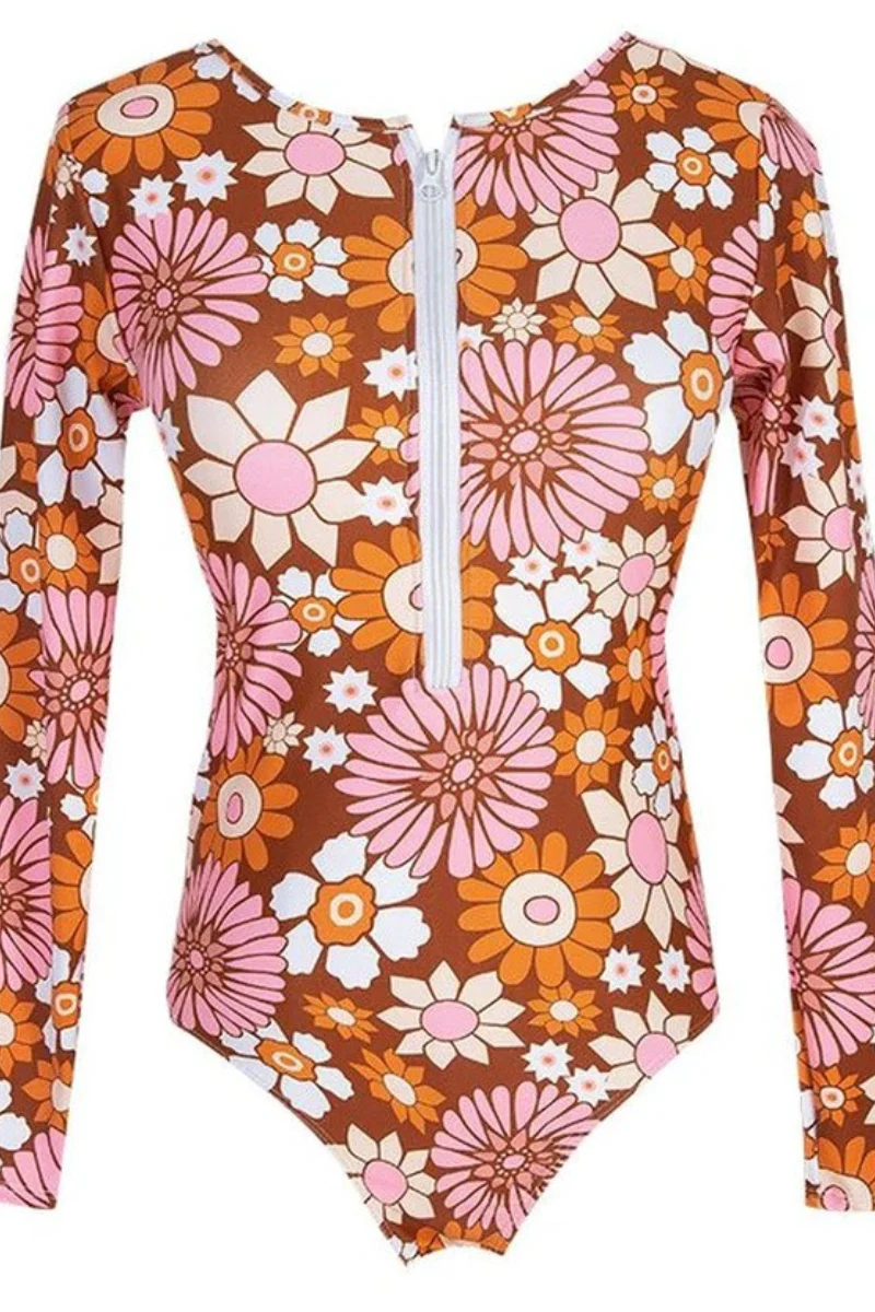 Laila jednodijelni ženski kupaći kostim – cvjetni kupaći s dugim rukavima i prednjim patentnim zatvaračem