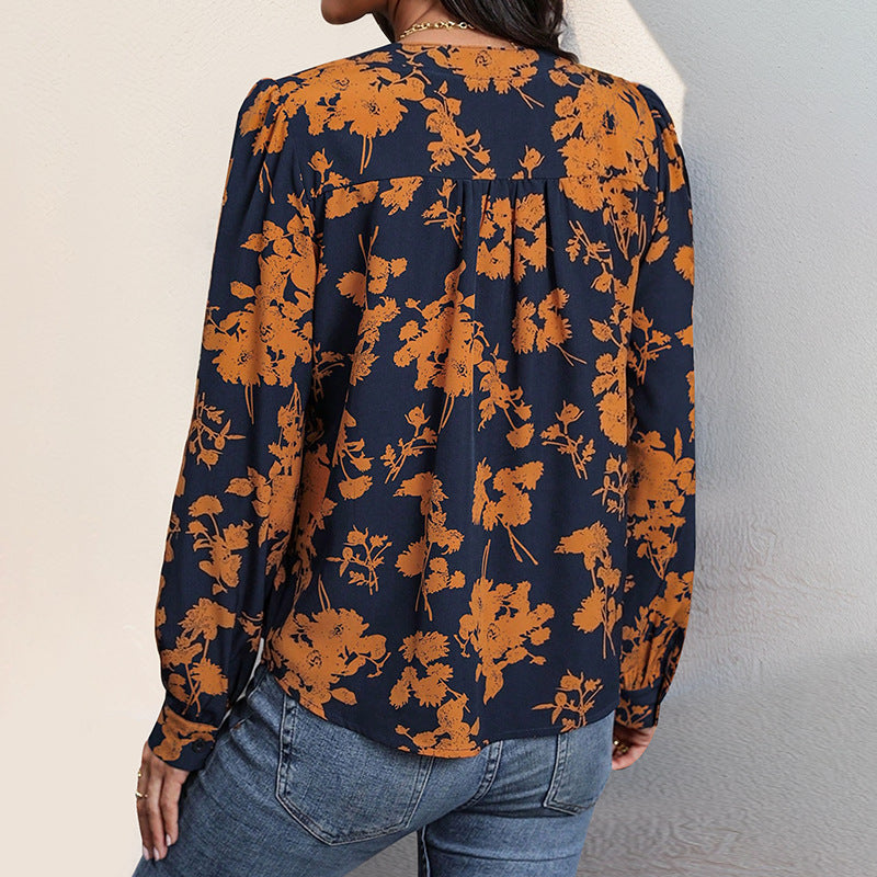 Blusa Sadie Femme – Haut Léger a Cuello en V con Estampado & Mangas Largas para un Estilo de Otoño
