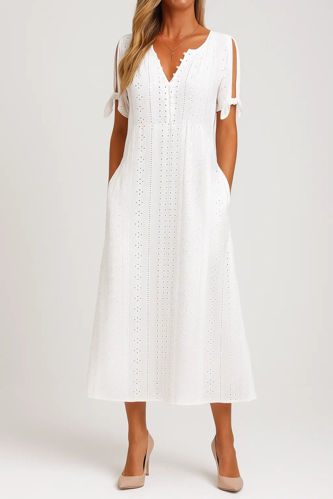 Meredith Robe Femme – Robe Midi en Coton Brodé avec Manches à Nœud & Décolleté V Smerlé