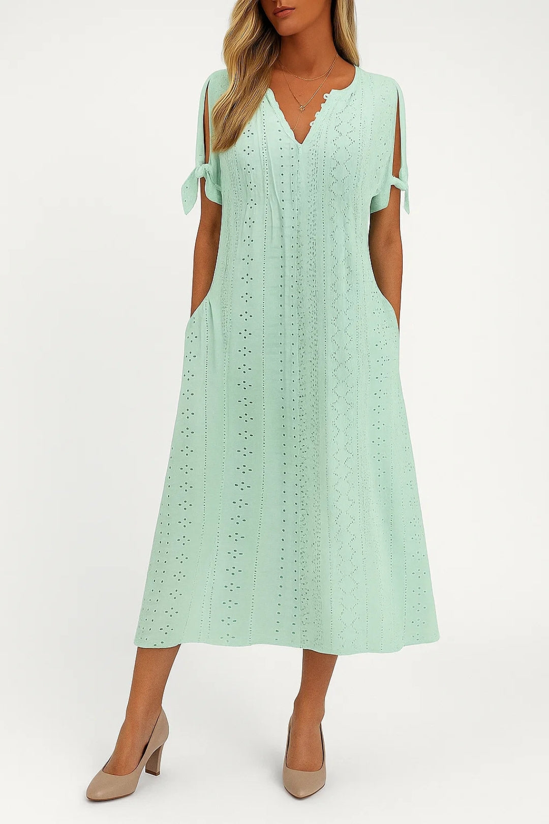 Meredith Robe Femme – Robe Midi en Coton Brodé avec Manches à Nœud & Décolleté V Smerlé