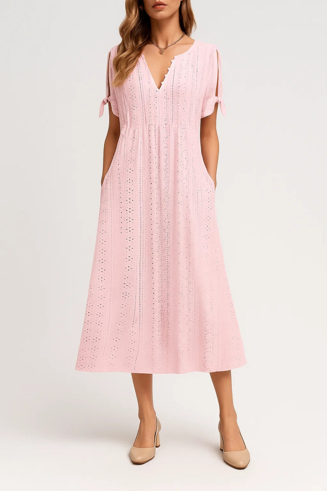 Meredith Robe Femme – Robe Midi en Coton Brodé avec Manches à Nœud & Décolleté V Smerlé
