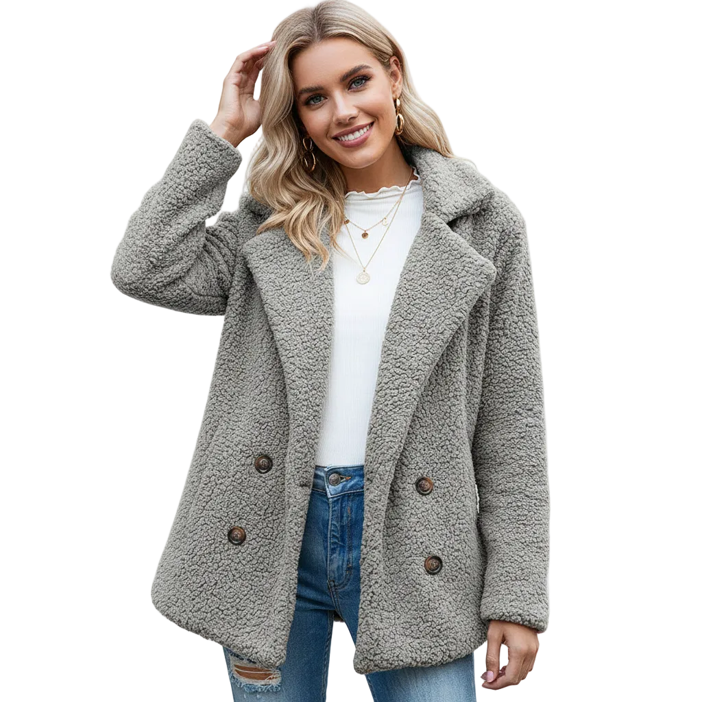 Alina Teddy Damesjas – Zachte Omkeerbare Jas met Reverskraag en Knopsluiting