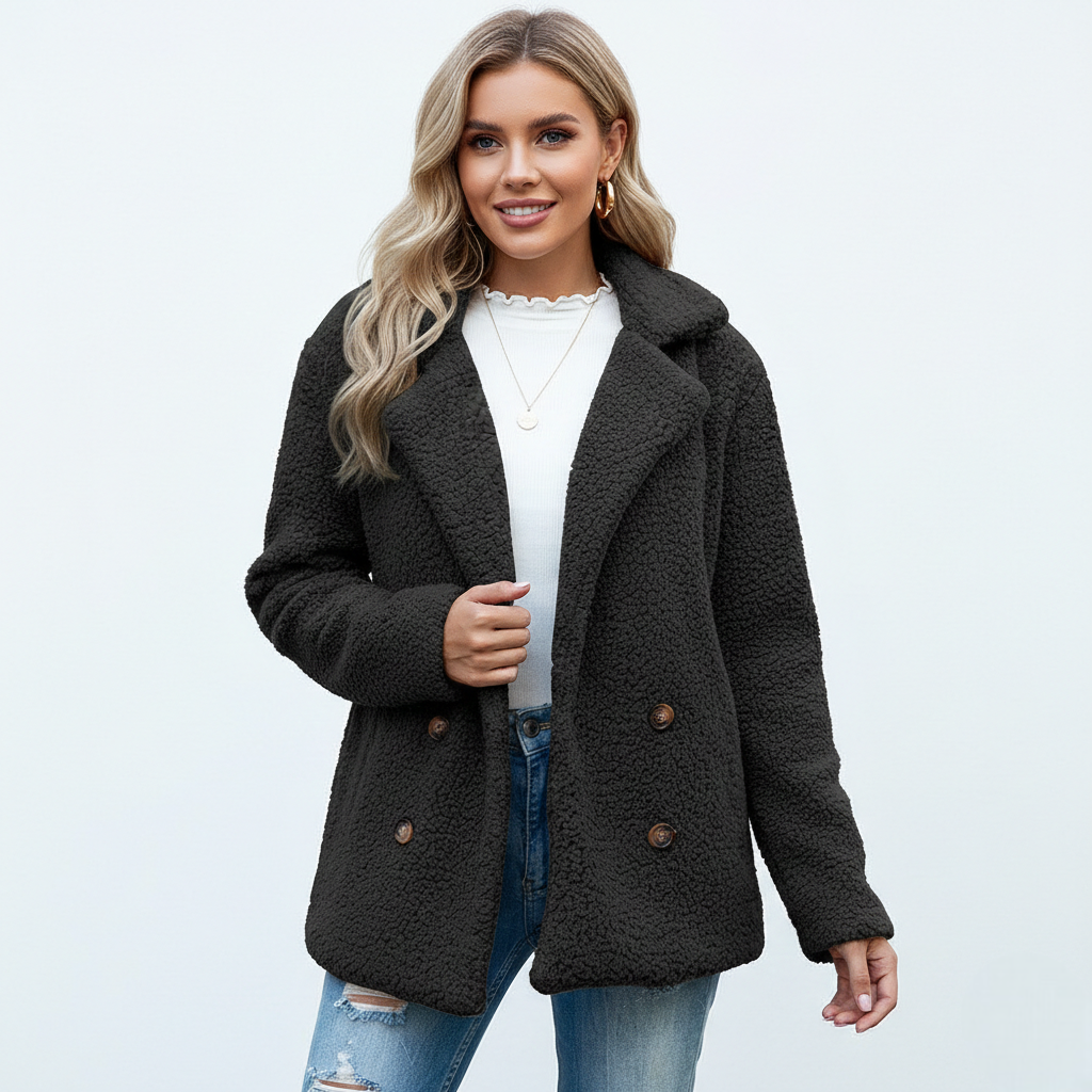 Alina Teddy Damesjas – Zachte Omkeerbare Jas met Reverskraag en Knopsluiting