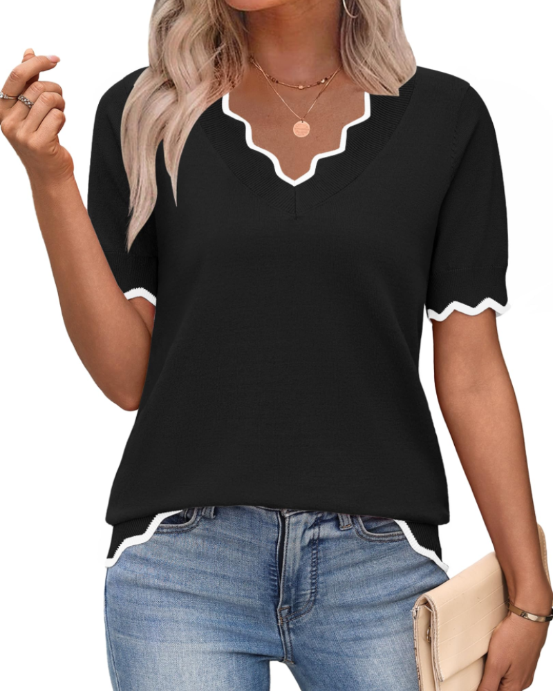 Amirah Top Femme – Lehký krátký rukáv, výstřih do V, elegantní business casual
