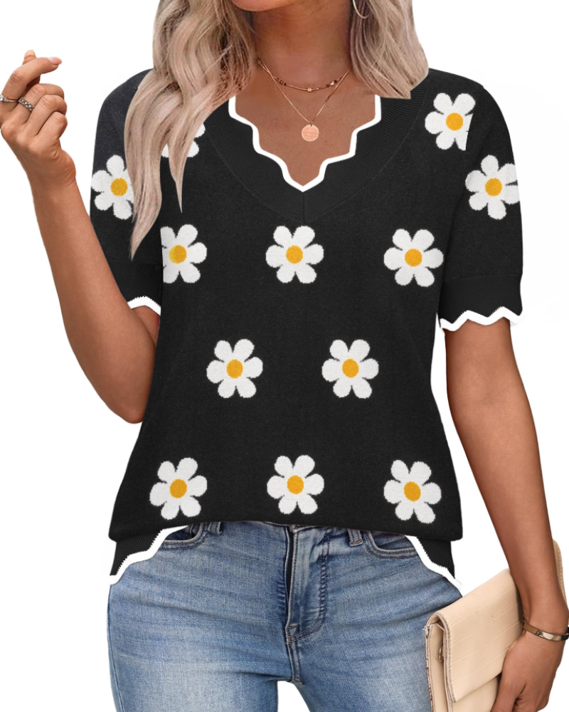 Amirah Top Femme – Pull Léger Manches Courtes Col V Élégant Business Casual