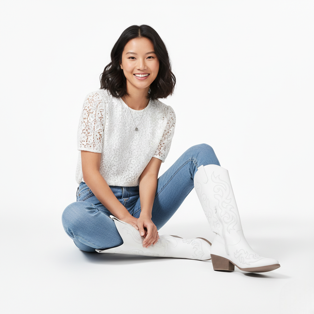 Anneza Stivali da Cowgirl Donna – Stivali Western Alti Ricamati con Gambale Morbido