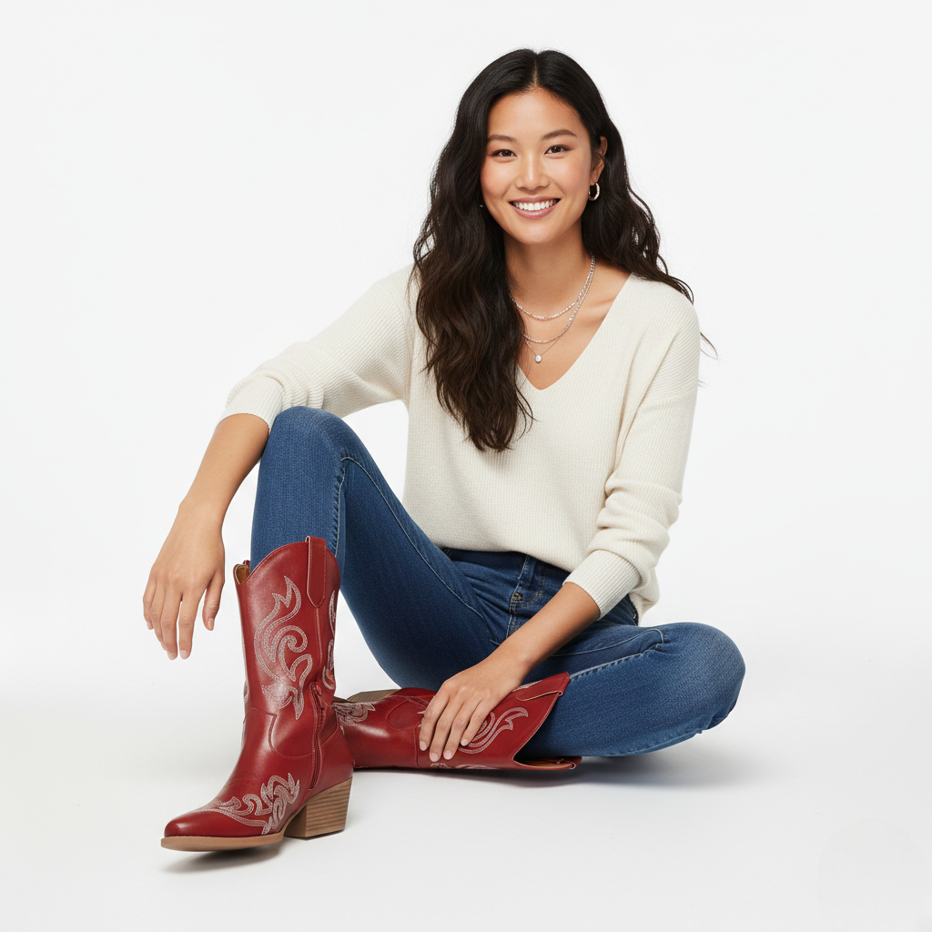 Anneza Stivali da Cowgirl Donna – Stivali Western Alti Ricamati con Gambale Morbido