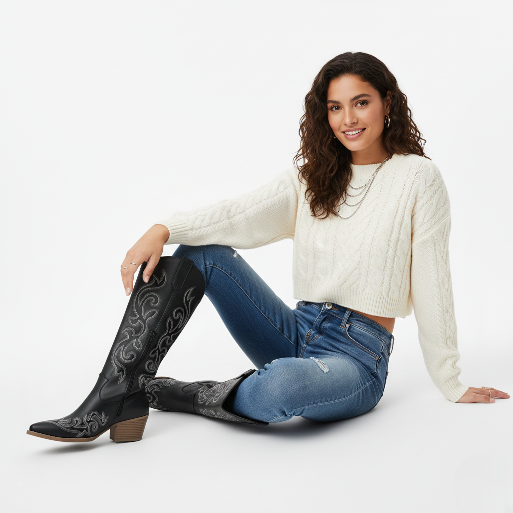 Anneza Stivali da Cowgirl Donna – Stivali Western Alti Ricamati con Gambale Morbido