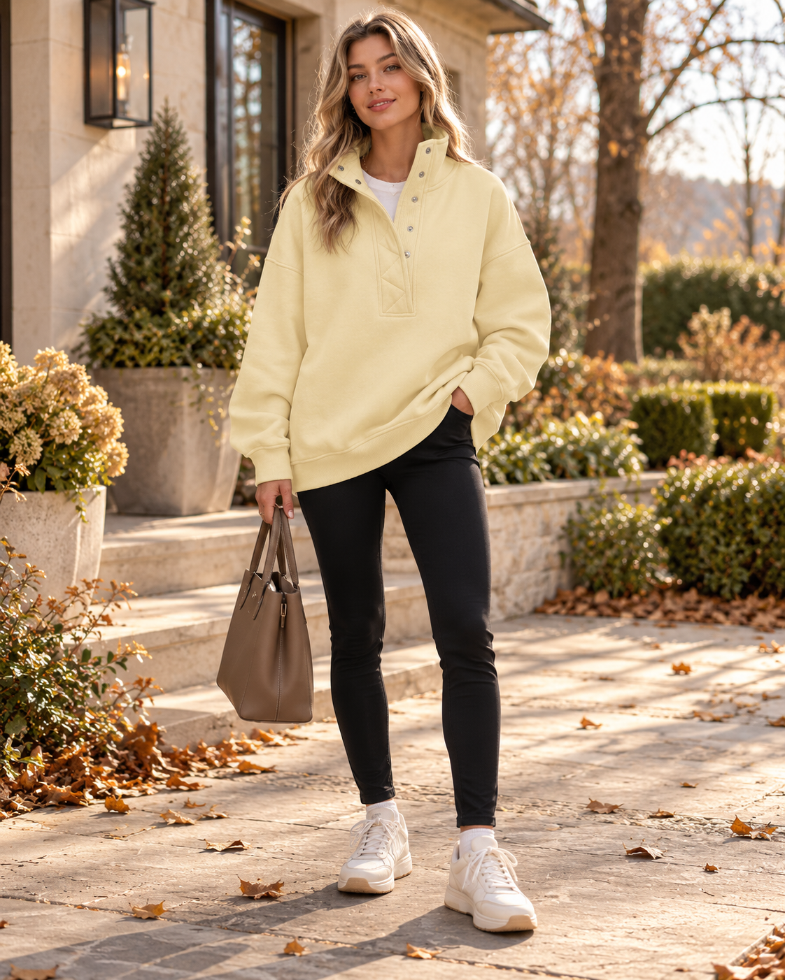 Brietta oversize Henley-sweatshirt til kvinder – trøje med lange ærmer og trykknapper i halsen