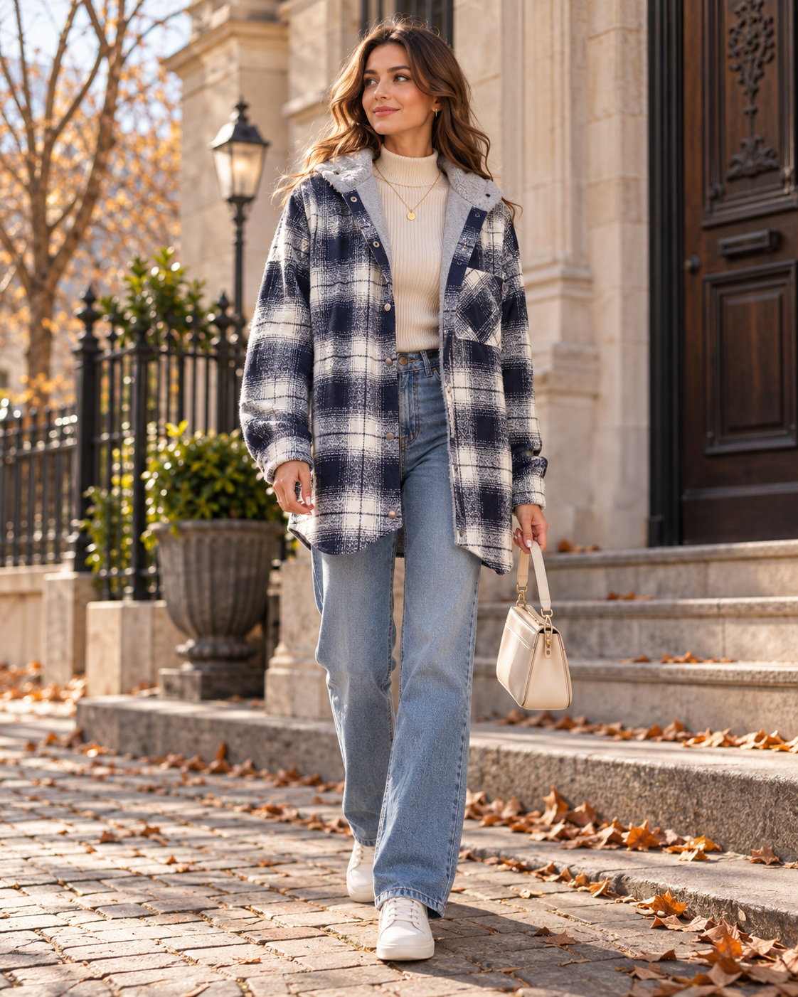 Yana Oversize-Damenhemdjacke mit Karomuster, Kapuze, Knöpfen und Brusttasche