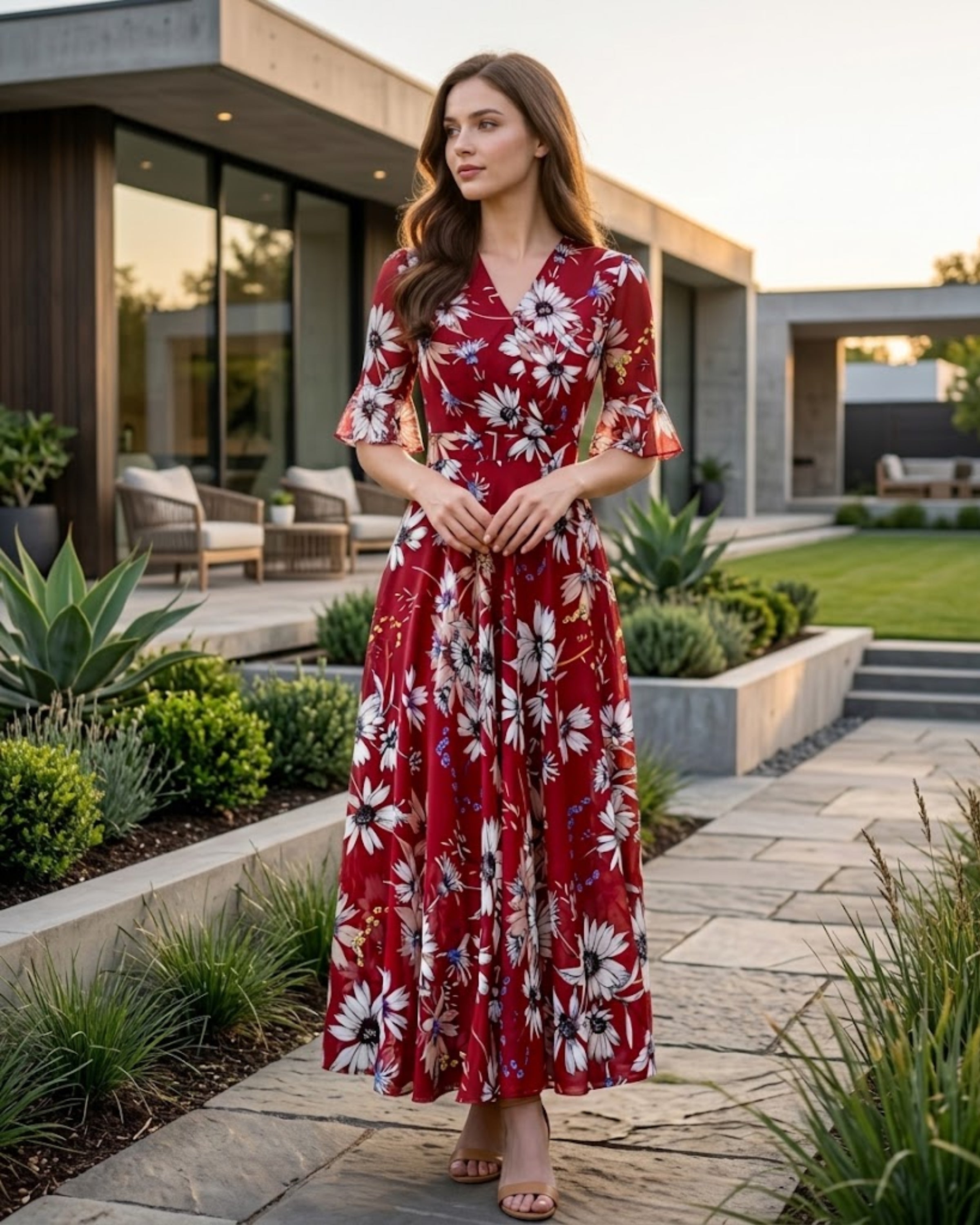 Carmelle Robe Femme Maxi – Col V, Coupe A-Line Fluide, Mousseline Élégante Été
