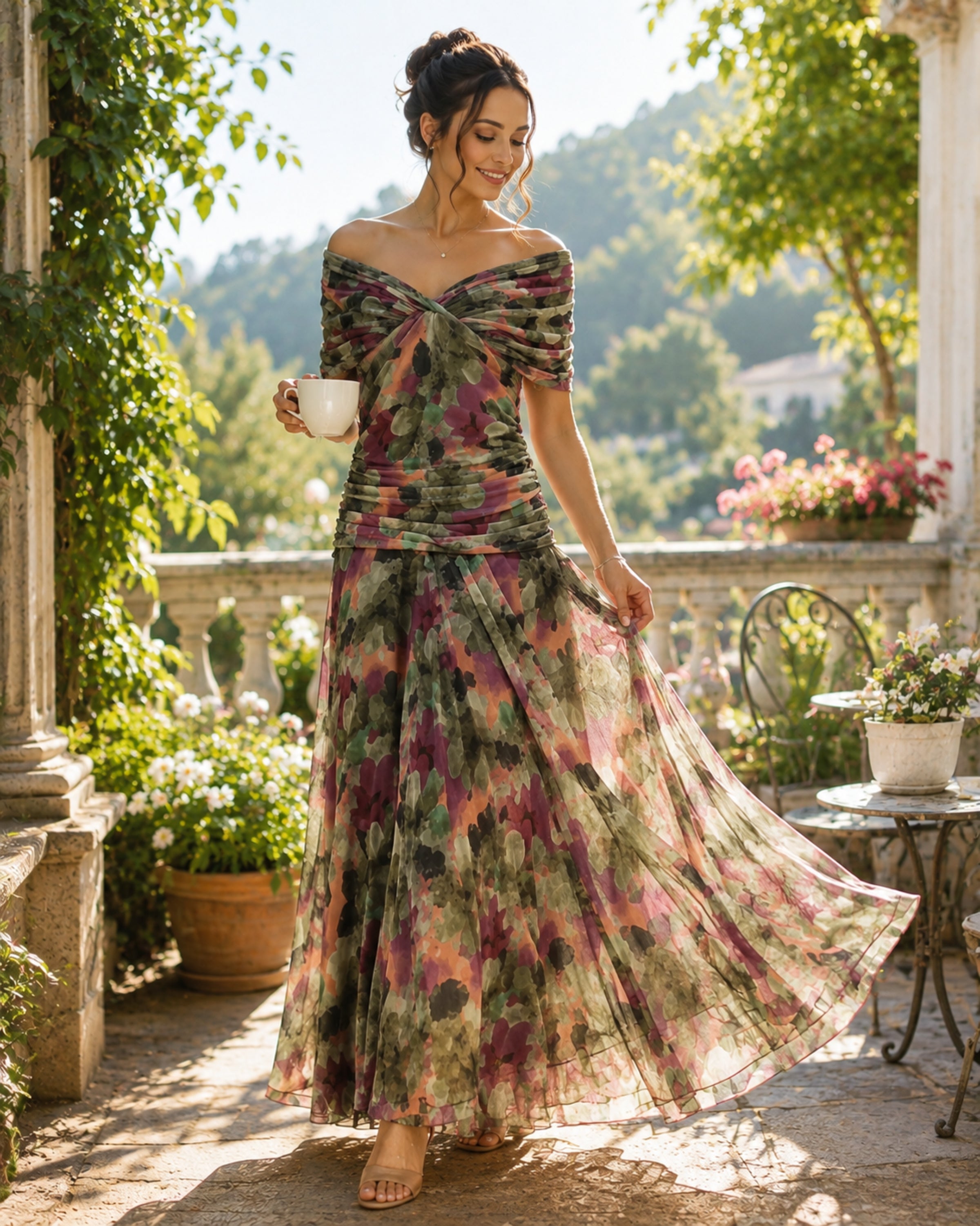 Olivia Robe Femme – Robe Cocktail Fleurie Épaules Dénudées Taille Haute Élégante