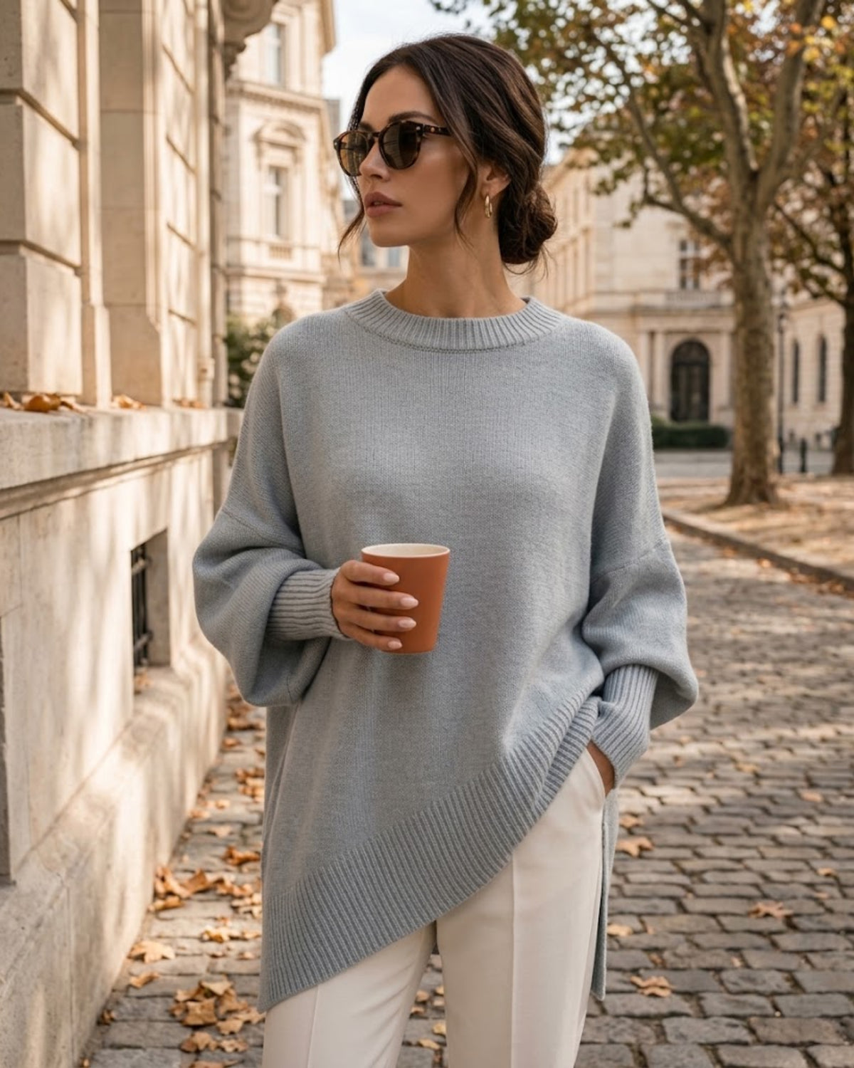Brynn oversized pullover til kvinder – ribstrikket rund hals, brede ærmer og løs pasform