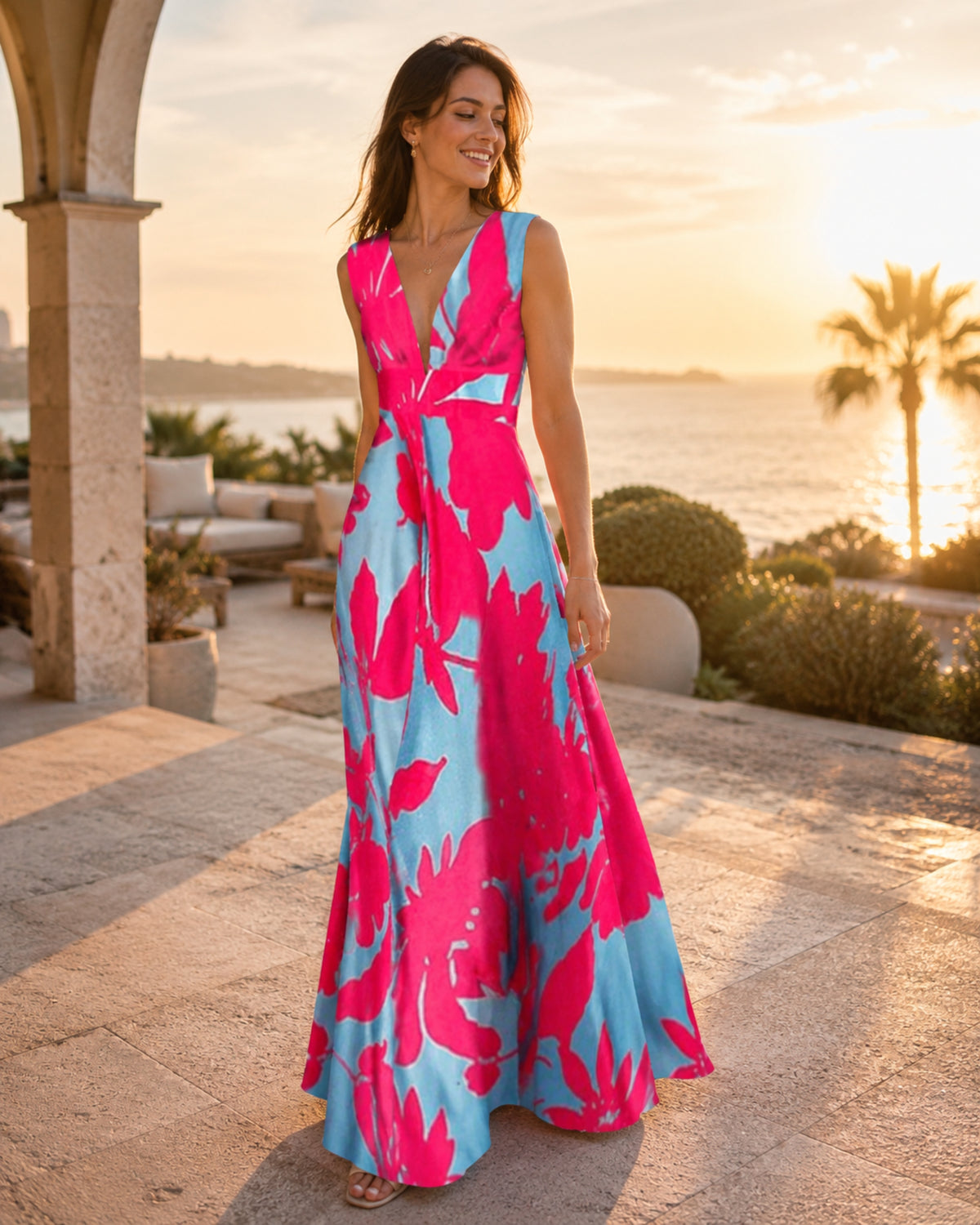 Maya Robe Longue Bohème Femme – Robe Sans Manches à Col V Zippé et Imprimé Élégant