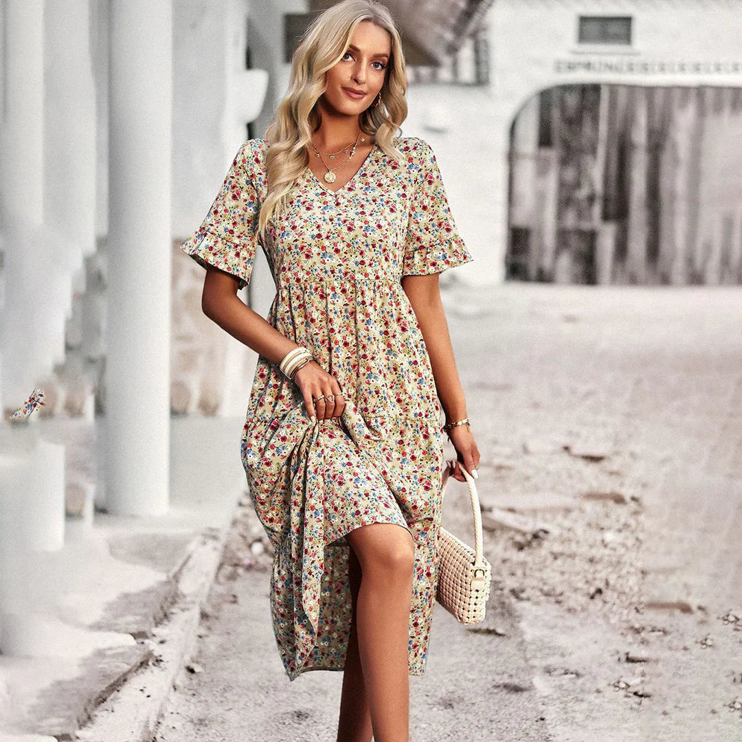 Celia Robe Midi Femme – Robe Fleurie Bohème avec Coupe Légère & Style Élégant