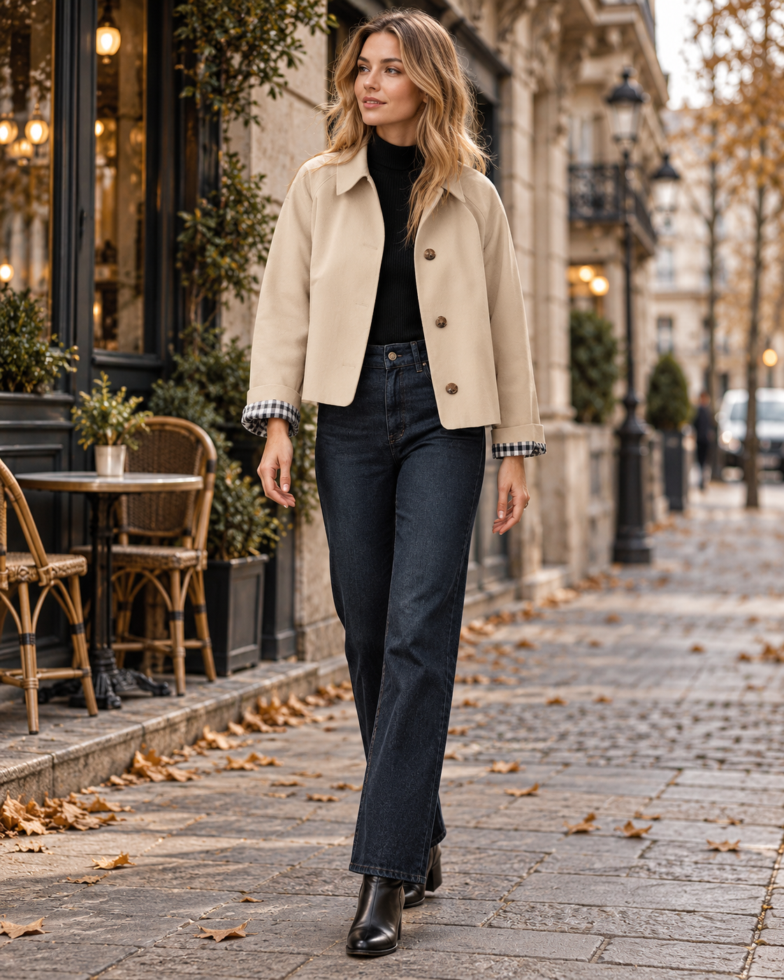 Trench curto feminino Arielle com forro aos quadrados, colarinho de camisa e fecho de botões
