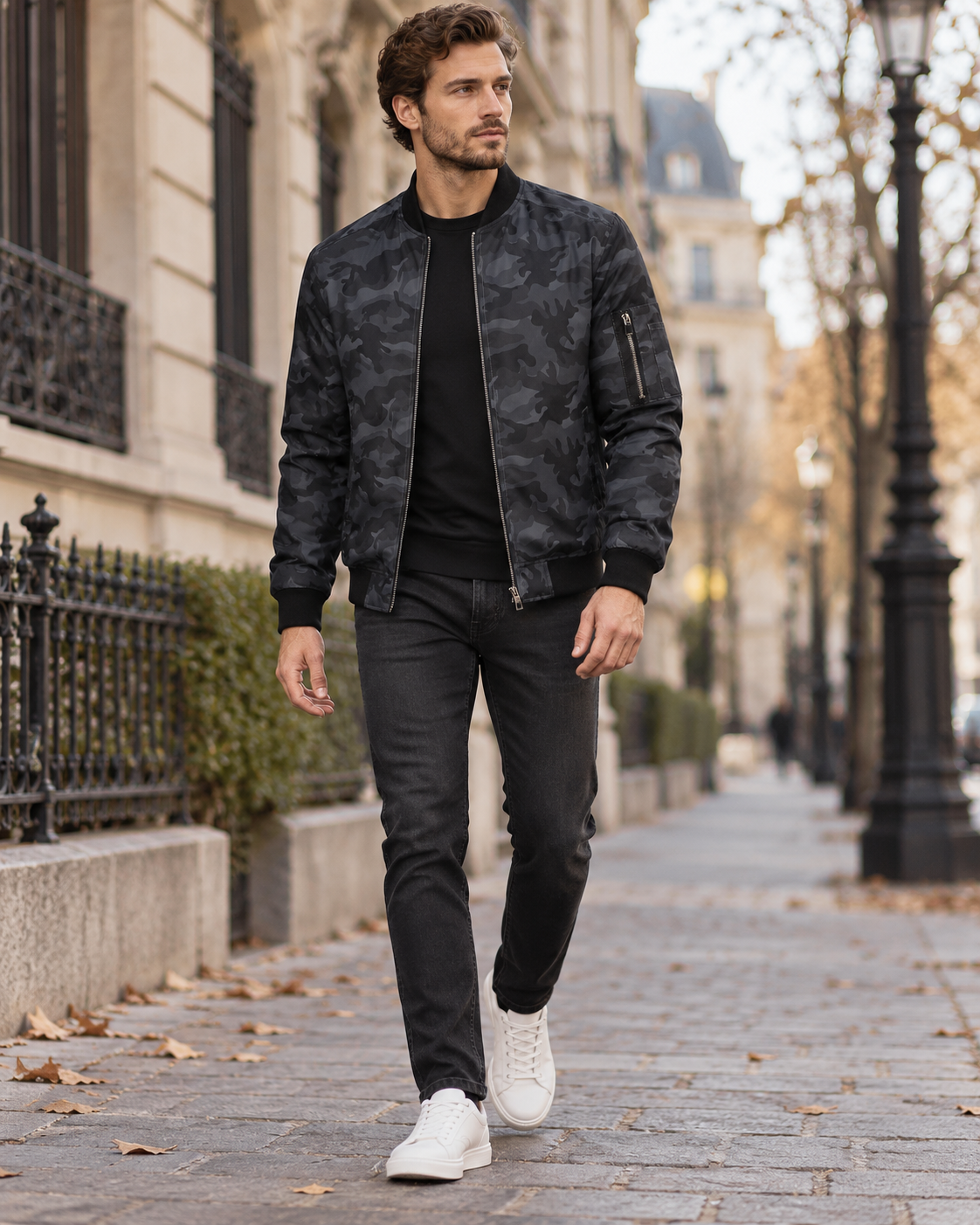 Wesley Bomber homme léger en polyester camouflage avec col côtelé et poches pratiques
