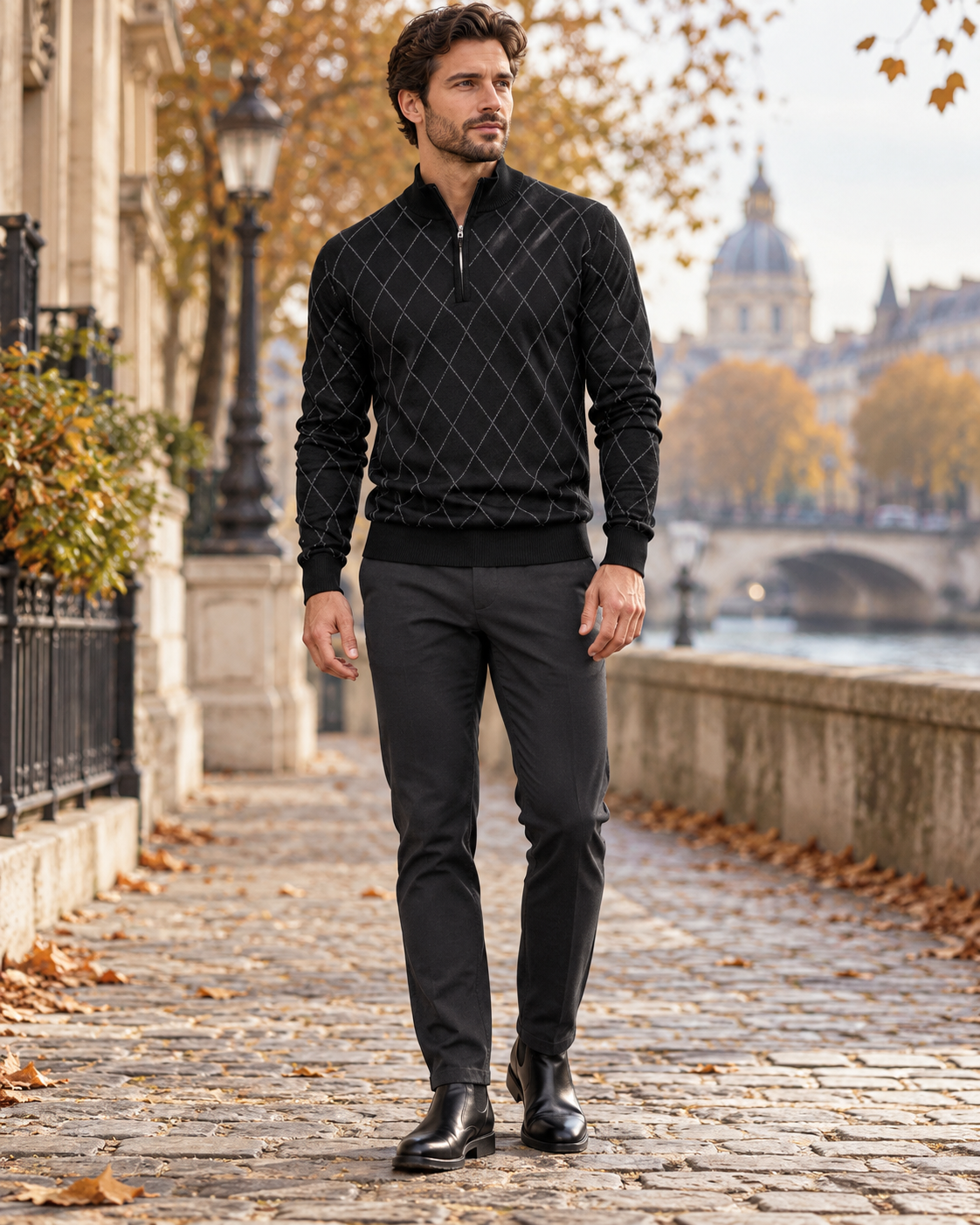 Nash Pull homme léger à losanges avec col montant zippé et finitions en maille côtelée