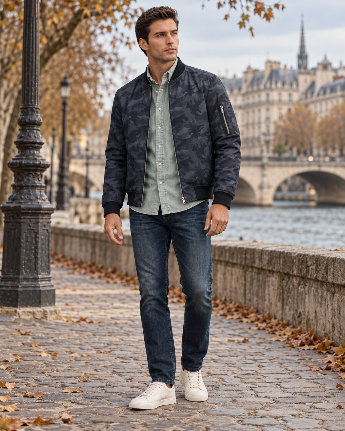 Wesley Bomber homme léger en polyester camouflage avec col côtelé et poches pratiques