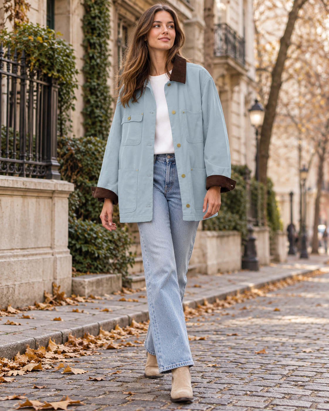 Lara Veste Femme Oversize en Coton Style Utilitaire, Col Velours et Poches Plaquées