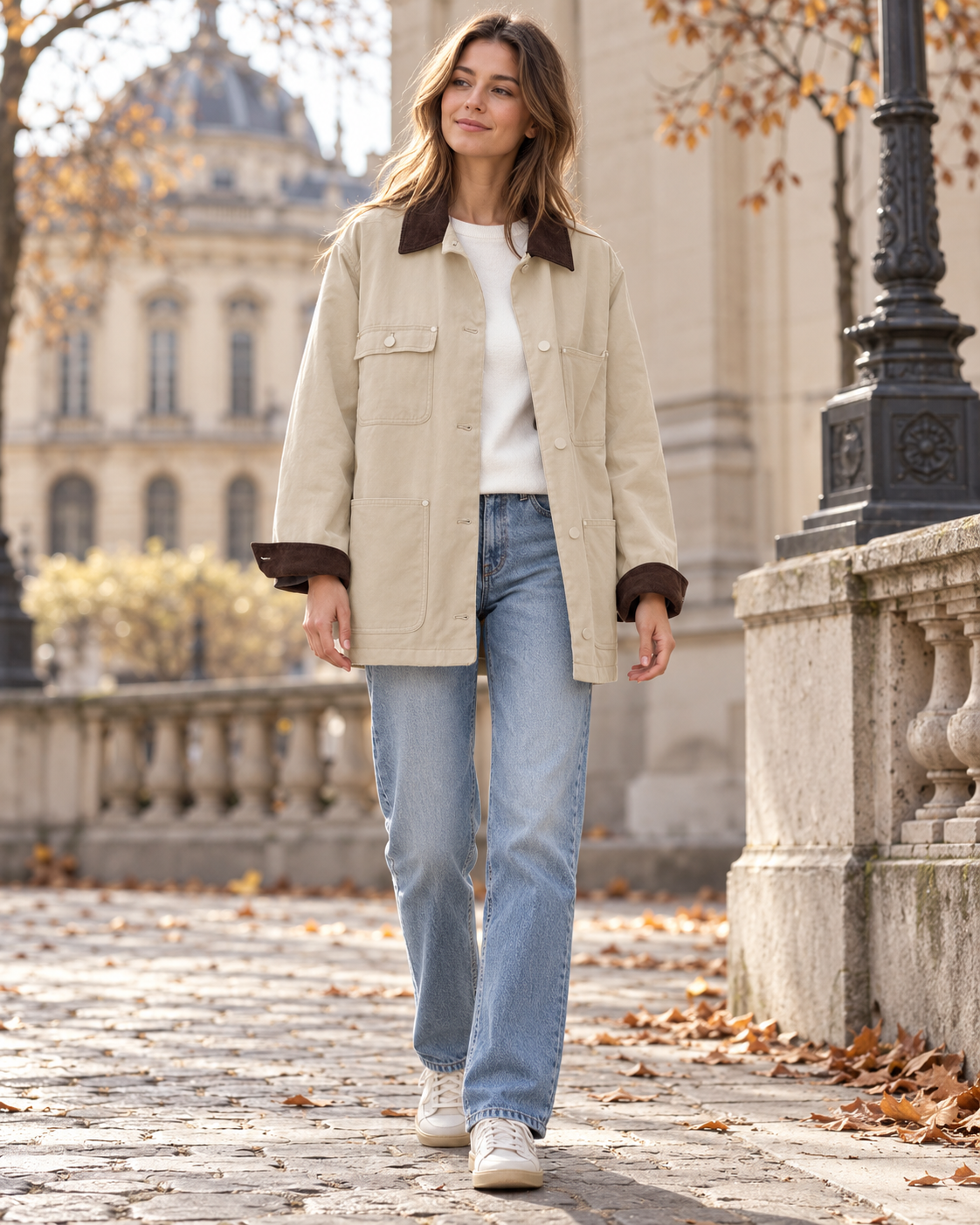 Lara Veste Femme Oversize en Coton Style Utilitaire, Col Velours et Poches Plaquées