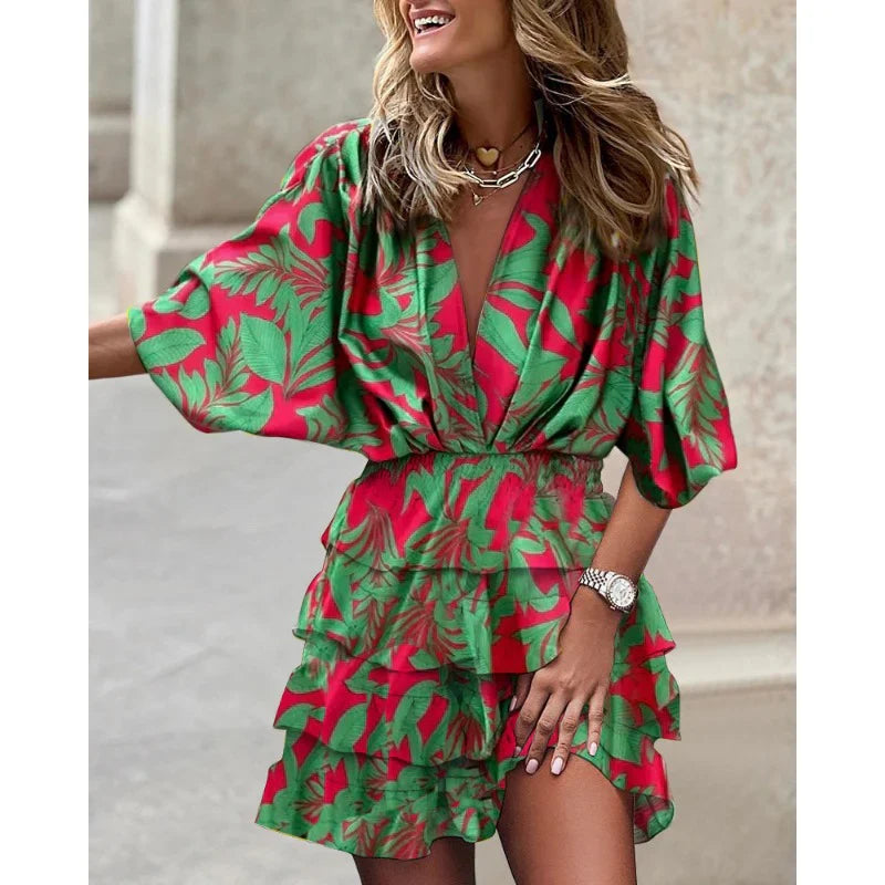 Zomerse damesjurk Anastasia – Jurk met korte mouwen en V-hals met elastische taille voor warme dagen