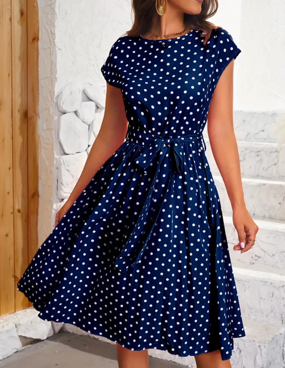 Zomerse jurk dames Thea – Vintage jurk met stippen, vloeiende snit & tijdloze elegantie