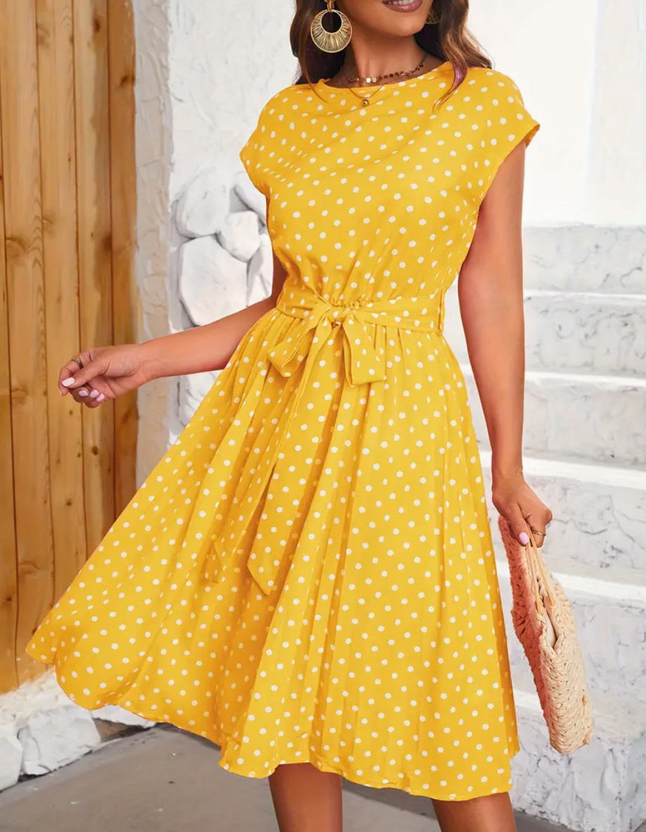 Zomerse jurk dames Thea – Vintage jurk met stippen, vloeiende snit & tijdloze elegantie
