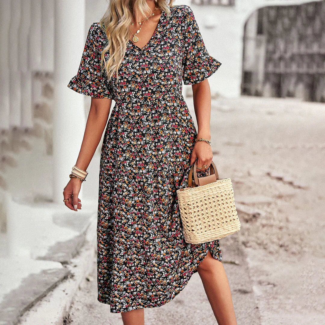 Celia Robe Midi Femme – Robe Fleurie Bohème avec Coupe Légère & Style Élégant