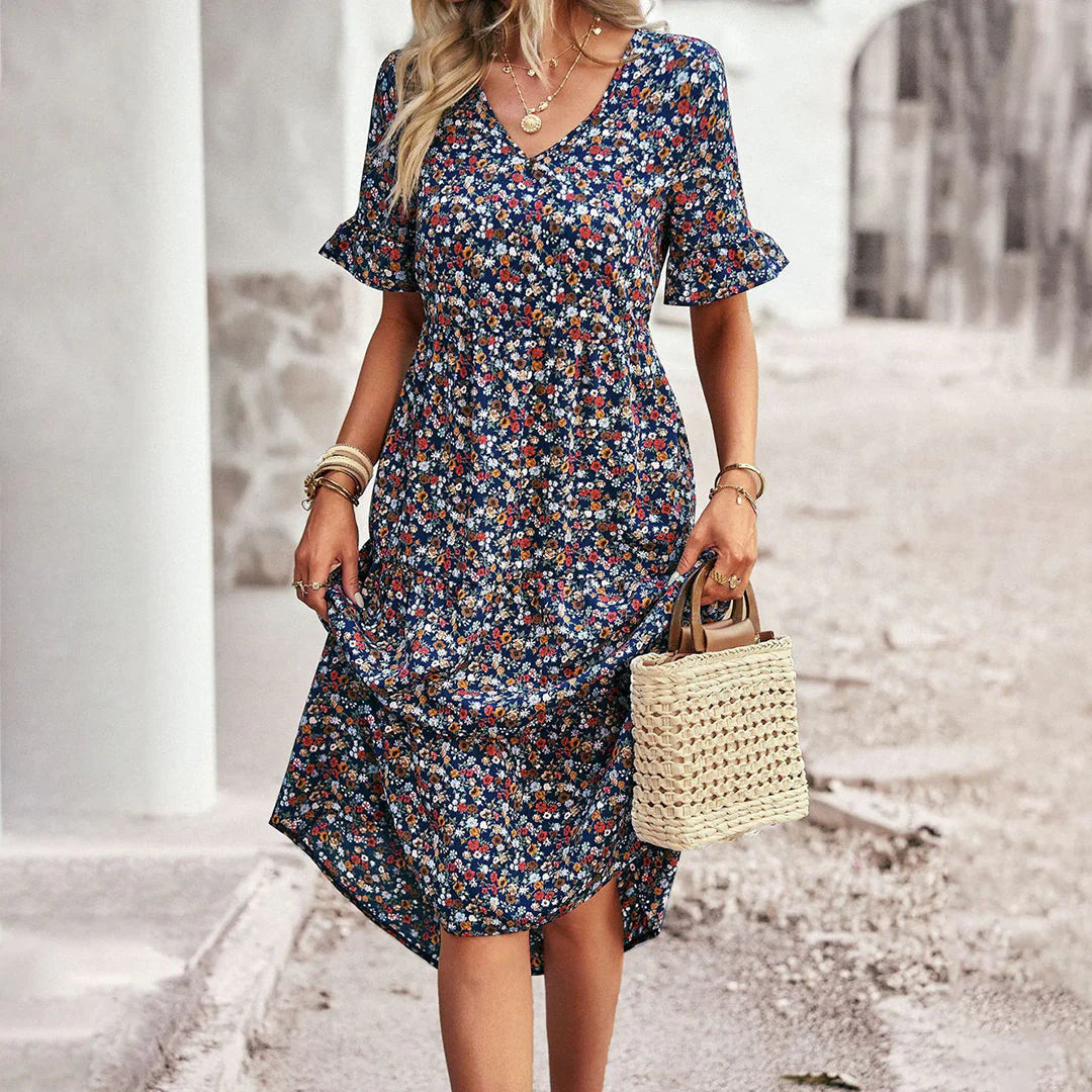 Celia Kjole Midi Femme – Blomstret Boheme Kjole med Let Pasform & Elegant Stil