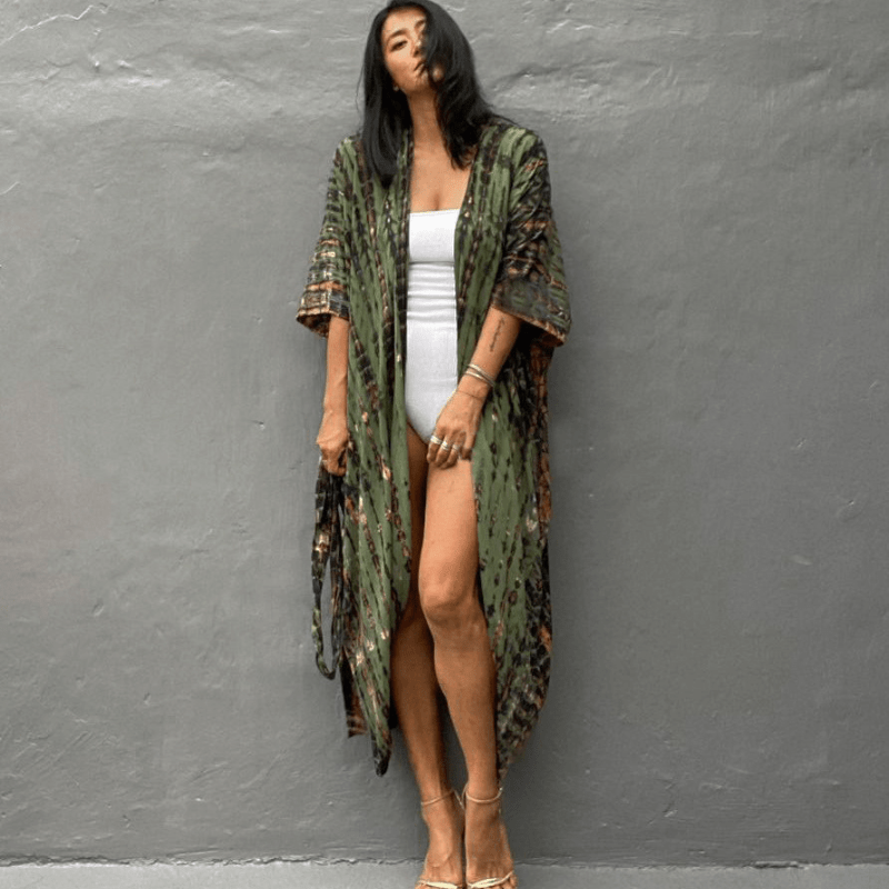 Brenna Robe Kimono Looksy – Imprimé Tie-Dye Boheme & Flydende Midilengde Snit