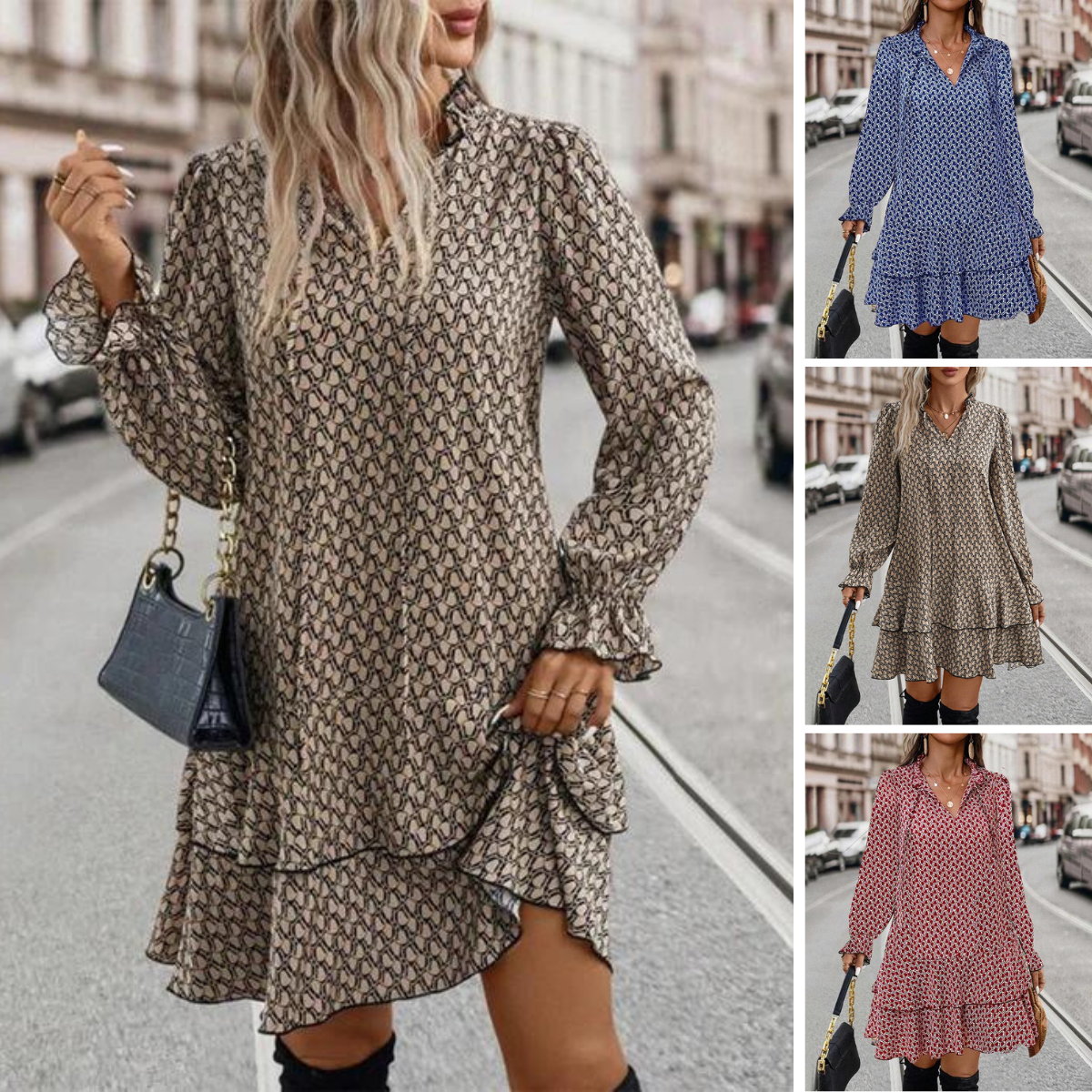 Damesjurk Stella – Elegante jurk met lange mouwen, losse pasvorm en tijdloze stijl