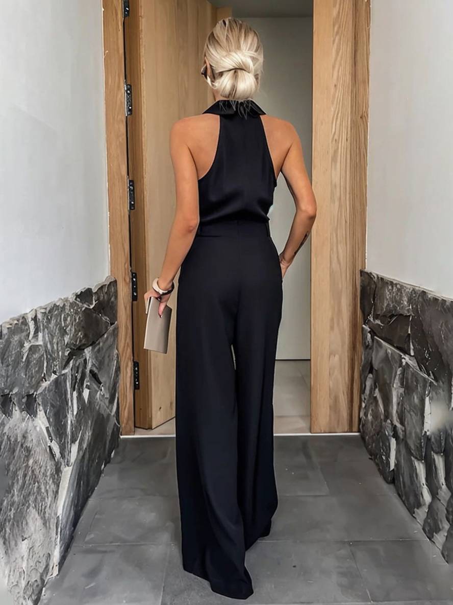 Aliya Macacão Mulher – Macacão Largo Sem Mangas com Gola de Camisa, Recortes e Bolsos