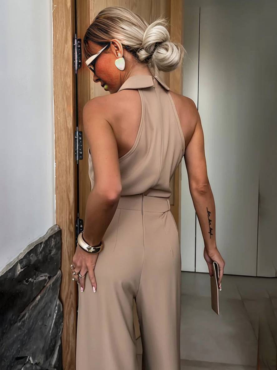 Aliya Macacão Mulher – Macacão Largo Sem Mangas com Gola de Camisa, Recortes e Bolsos