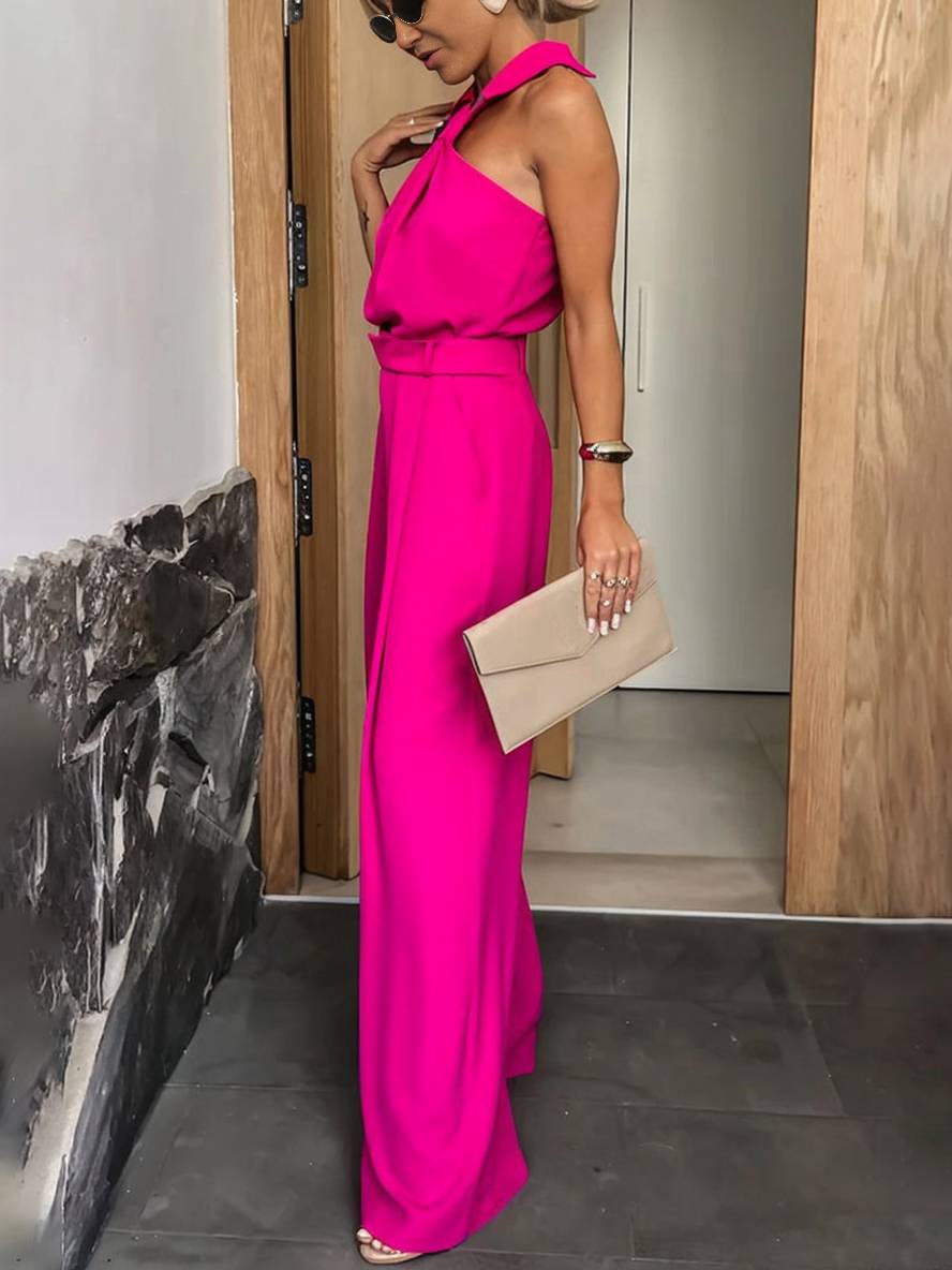 Aliya Macacão Mulher – Macacão Largo Sem Mangas com Gola de Camisa, Recortes e Bolsos