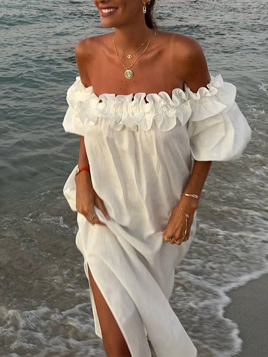 Kimberly Robe Femme – Robe Longue Décontractée avec Col Bateau, Manches Bouffantes & Fente Côté