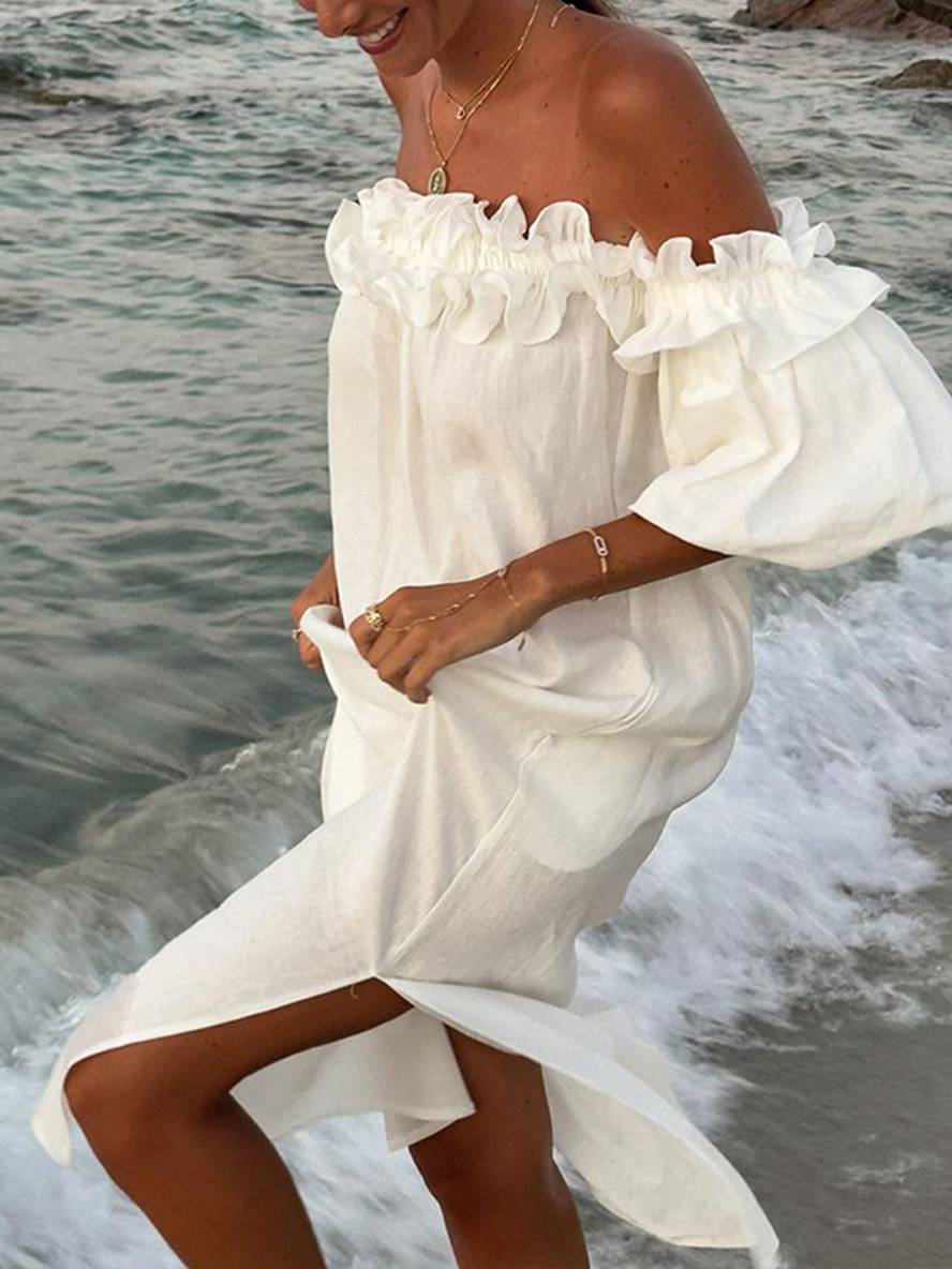 Kimberly Damesbadjas – Lange Casual Badjas met Boothals, Pofmouwen & Zijsplit