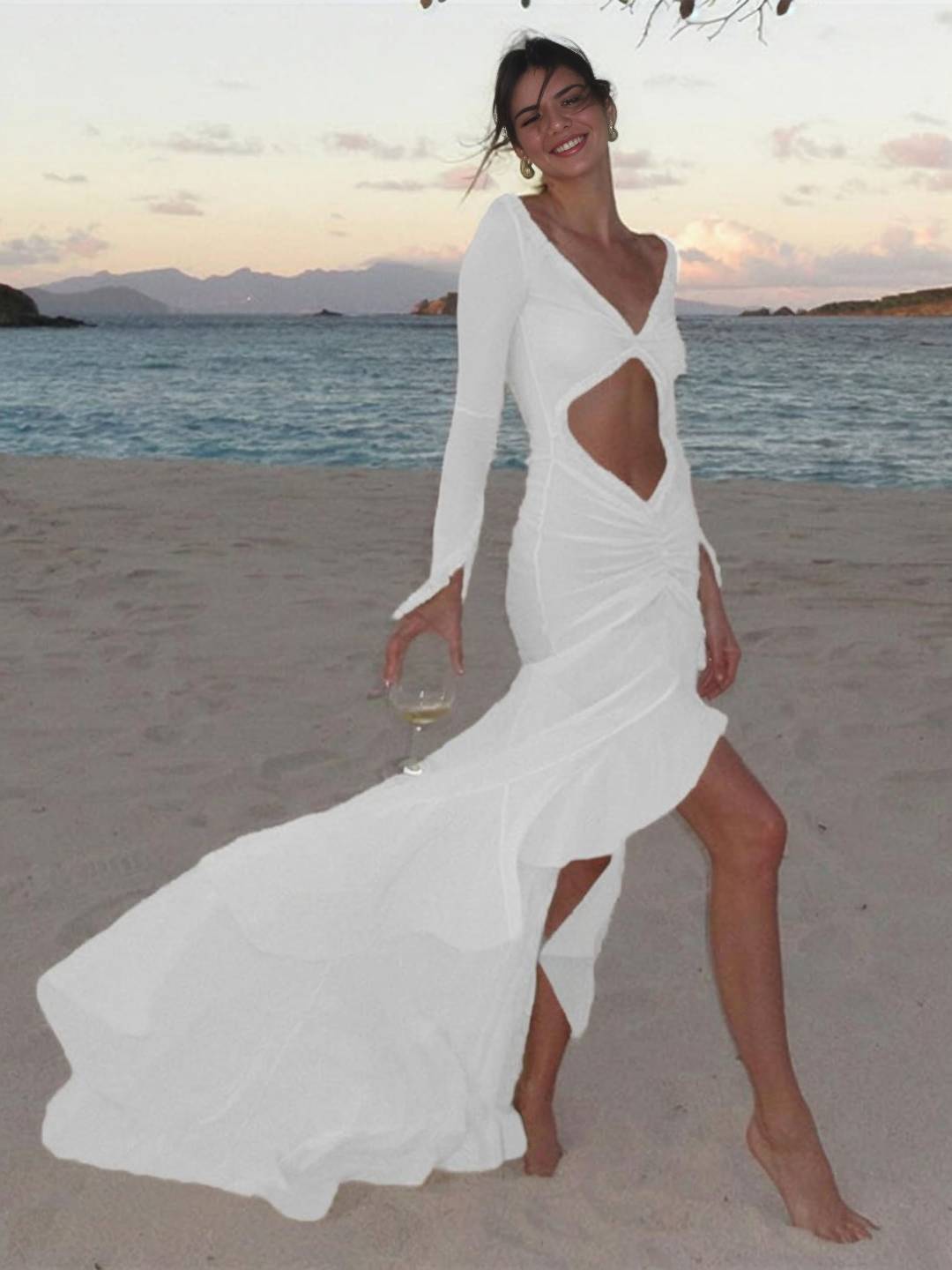 Kayliegh Robe de Plage Femme – Longue Robe Moulante avec Décolleté en V, Fente & Manches Fendues Boho
