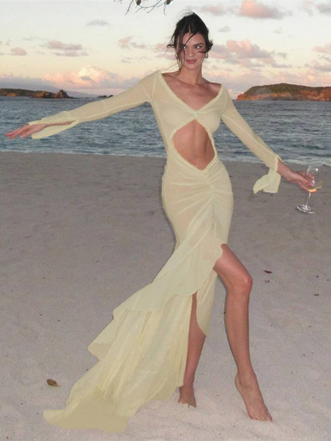 Kayliegh Robe de Plage Femme – Longue Robe Moulante avec Décolleté en V, Fente & Manches Fendues Boho