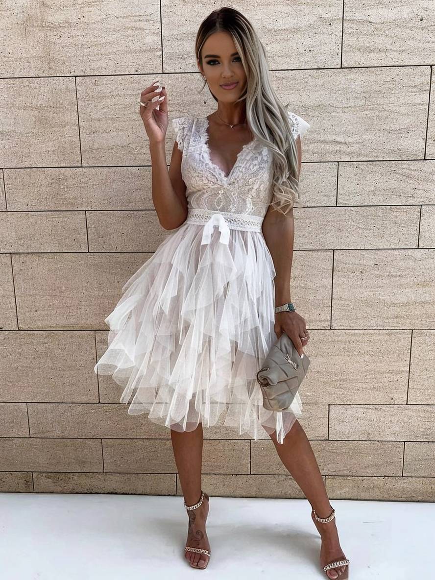 Wendy Vestido de Cóctel Mujer – Vestido Corto Sin Mangas en Tul Estilo Tutú con Escote en V y Espalda Abierta