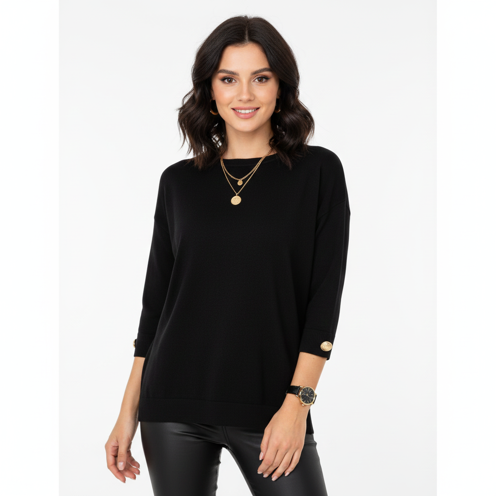 Claudy Camisola Oversize Mulher – Malha Suave com Botões Dourados e Corte Elegante