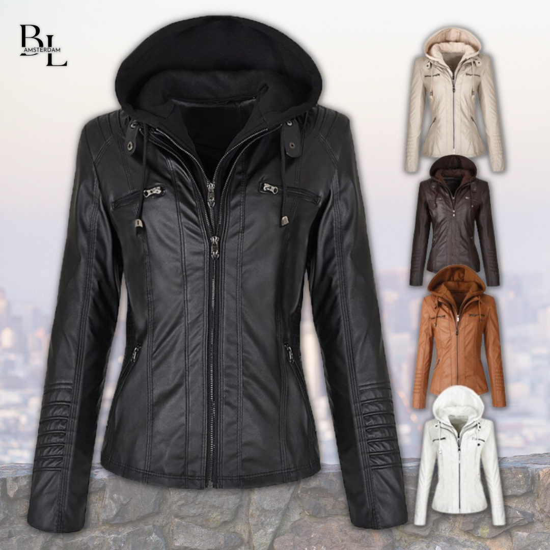 Kurtka skórzana damska Xyla – elegancka z kapturem, zapięciem na zamek i praktycznymi kieszeniami