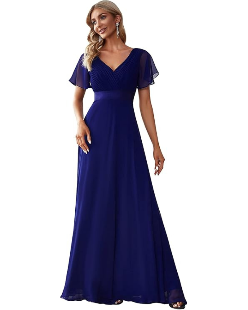 Skye Robe Longue Femme – Mousseline, Col V & Taille Empire Élégante Soirée