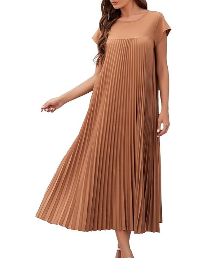 Ginny Robe Longue Femme – Plissée, Col Rond & Poches Coupe Fluide Été Élégant