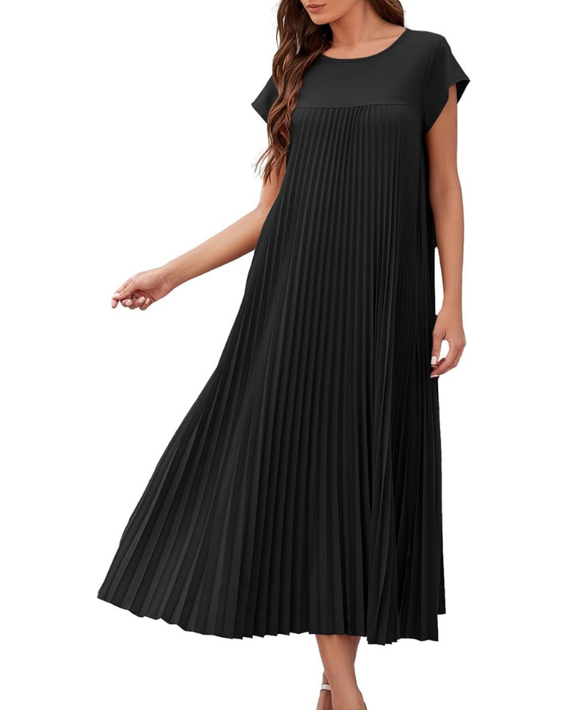 Ginny Robe Longue Femme – Plissée, Col Rond & Poches Coupe Fluide Été Élégant
