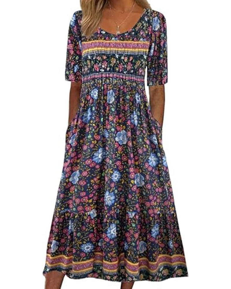 Giana Robe Midi Femme – Imprimé Floral Boho, Col Rond & Poches Coupe Fluide Été