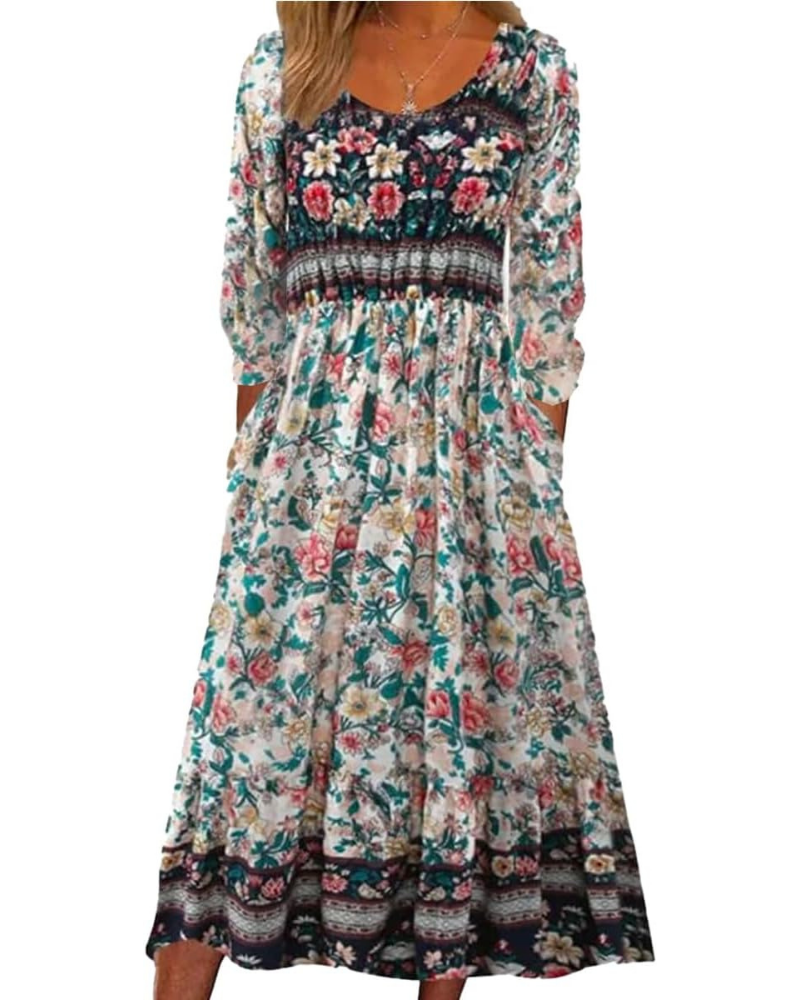 Giana Robe Midi Femme – Imprimé Floral Boho, Col Rond & Poches Coupe Fluide Été