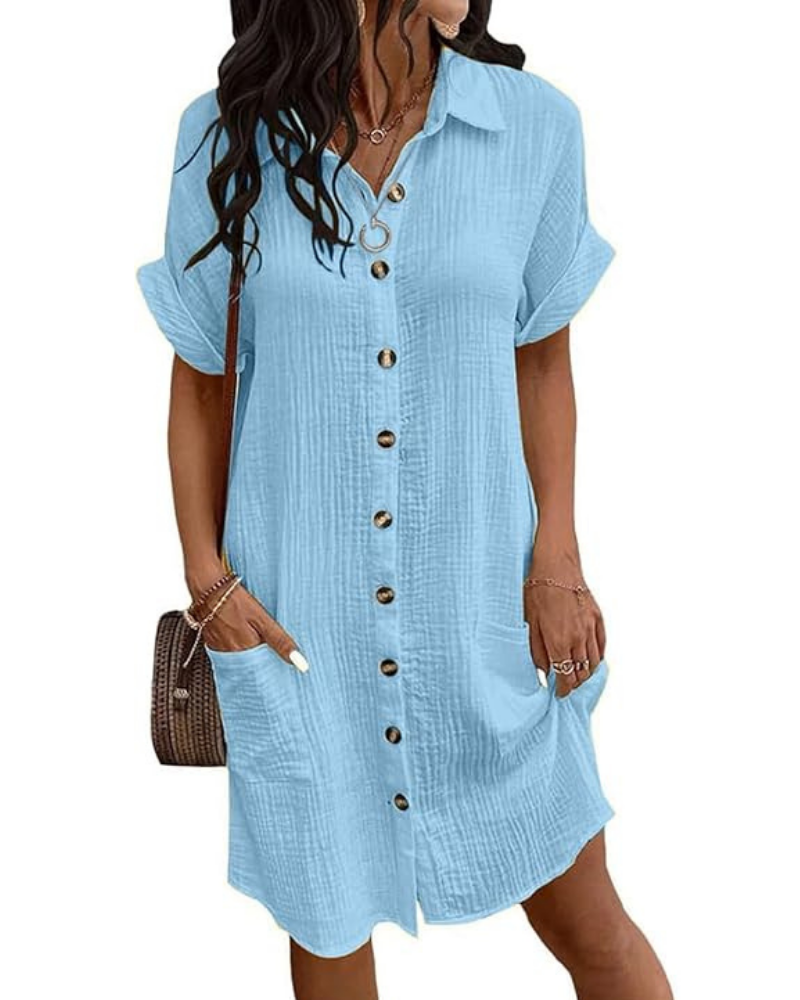 Rose Robe Chemise Femme – Coton Lin, Col V & Boutonnée Coupe A-Line Été Décontracté